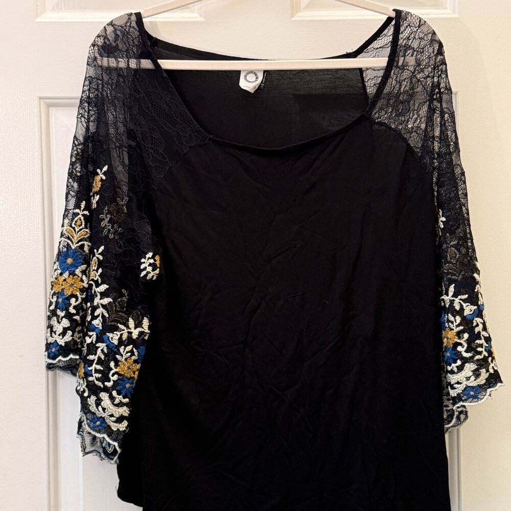 Anthropologie Black Blouse with Gold and Blue Accents
